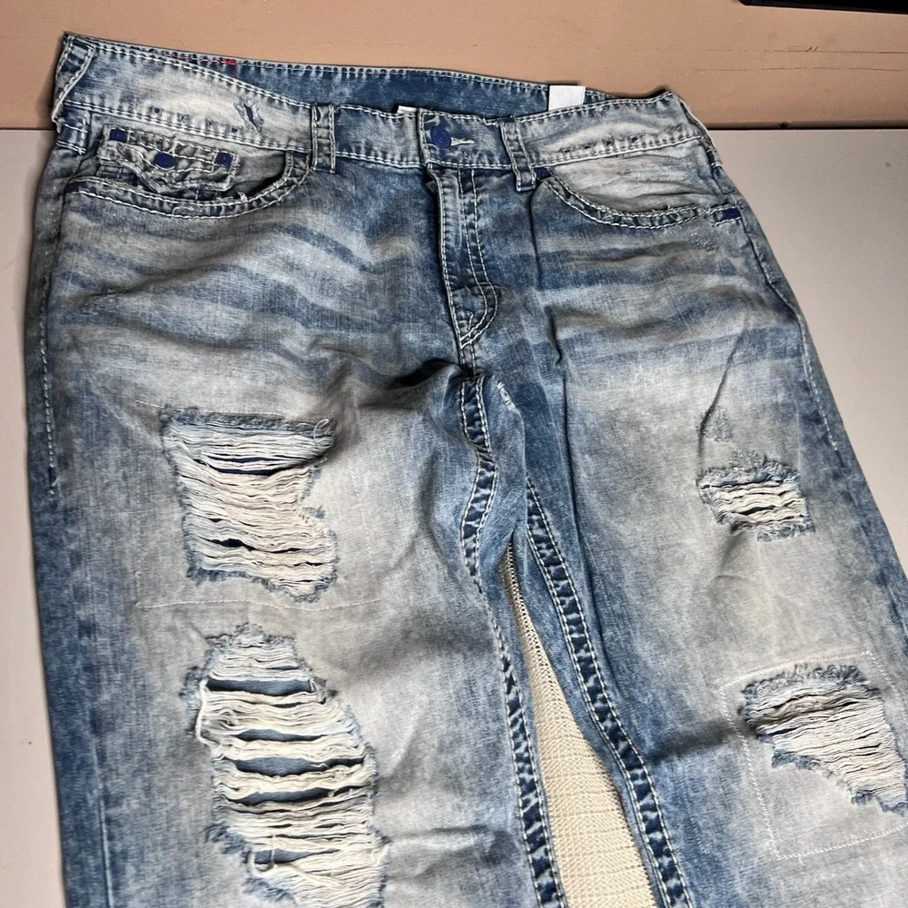 True‎ Religion Straight Leg Jeans Mens 42 Light Wash Blue Contrast Stitch Denim